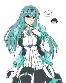 1girl :o aqua_eyes aqua_hair artist_self-insert black_pantyhose blush chest_jewel cosplay cowboy_shot dress eirika_(fire_emblem) elbow_gloves fire_emblem fire_emblem:_the_sacred_stones gem gloves hair_between_eyes hair_ornament heart highres long_hair looking_at_viewer maji_(majibomber) mythra_(massive_melee)_(xenoblade) mythra_(xenoblade) mythra_(xenoblade)_(cosplay) nintendo open_mouth pantyhose pleated_dress short_dress sidelocks sleeveless sleeveless_dress speech_bubble standing white_background white_dress white_gloves xenoblade_chronicles_(series) xenoblade_chronicles_2