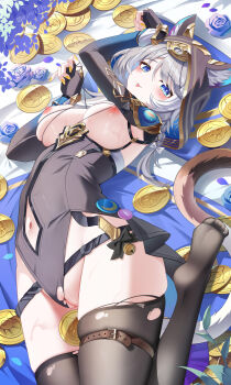 1girl :p absurdres animal_ear_fluff animal_ears arms_up artist_name belt black_leotard black_thighhighs blue_eyes blush breasts cat_ears censored chinese_commentary cipher_(honkai:_star_rail) closed_mouth clothing_cutout coin commentary_request fingernails flower foot_out_of_frame grey_hair highleg highleg_leotard highres holding holding_coin honkai:_star_rail honkai_(series) jndfh large_breasts leotard long_hair long_sleeves looking_at_viewer lying mosaic_censoring nail_polish navel navel_cutout nipples no_shoes on_back paid_reward_available paw_pose pixiv_logo purple_flower pussy solo thigh_belt thigh_strap thighhighs thighs tongue tongue_out torn_clothes torn_leotard variant_set very_long_hair yellow_nails