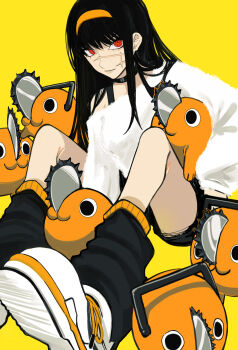 1girl black_choker black_hair black_leg_warmers chainsaw_man choker closed_mouth facial_scar headband highres leg_warmers long_hair looking_at_viewer off-shoulder_shirt off_shoulder orange_headband orange_theme pochita_(chainsaw_man) red_eyes ringed_eyes sailen0 scar scar_on_cheek scar_on_face shirt shoes sitting smile sneakers solo_focus white_footwear white_fur yellow_background yellow_theme yoru_(chainsaw_man)