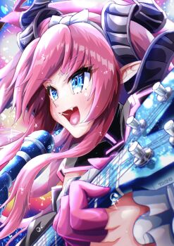 1girl absurdres black_dress blue_eyes blush bow breasts curled_horns dragon_horns dress elizabeth_bathory_(fate) elizabeth_bathory_(perfect)_(fate) elizabeth_bathory_(perfect)_(third_ascension)_(fate) fate/grand_order fate_(series) guitar hairband highres horns instrument long_hair long_sleeves mechanical_dress microphone open_mouth pink_hair pink_trim pointy_ears small_breasts smile solo tdysho two_side_up
