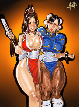 2girls arm_around_waist asymmetrical_docking black_hair blush boots bracelet breast_press breasts brown_eyes bun_cover capcom chinese_clothes chun-li cleavage commentary covered_erect_nipples crossover double_bun english_commentary fatal_fury female_focus folded_fan folding_fan hair_bun hand_fan high_ponytail highleg highres holding holding_fan huge_breasts jewelry knee_boots megaween motoyui multiple_girls no_bra one_eye_closed pantyhose pelvic_curtain ponytail revealing_clothes shiranui_mai smile spiked_bracelet spikes standing street_fighter thick_thighs thighs unaligned_breasts white_boots wide_hips wink