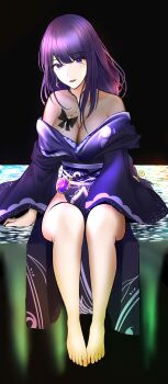 1girl absurdres alternate_costume bare_legs barefoot black_background blunt_bangs braid breasts cleavage collarbone commentary earrings earth_(planet) english_commentary feet genshin_impact hair_ribbon head_tilt highres huge_breasts japanese_clothes jewelry kimono long_braid long_hair long_sleeves looking_at_viewer looking_to_the_side mitsudomoe_(shape) mole mole_under_eye off_shoulder open_mouth planet purple_eyes purple_hair purple_kimono raiden_shogun ribbon see-through_clothes shade single_braid sitting solo suji_7772 toes tomoe_(symbol) wide_sleeves