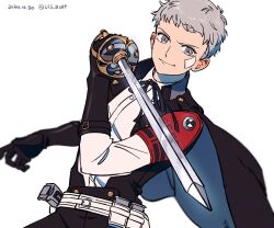 Rule 34 | 1boy, armband, bandaid, bandaid on cheek, bandaid on face, belt, black capelet, black gloves, black ribbon, capelet, closed mouth, collared shirt, commentary request, cosplay, dated, evoker, fighting stance, gekkoukan high school uniform, gloves, grey eyes, grey hair, highres, holding, holding sword, holding weapon, kirijou mitsuru, kirijou mitsuru (cosplay), korean commentary, lcs 0209, long sleeves, male focus, neck ribbon, persona, persona 3, persona 3 reload, red armband, ribbon, s.e.e.s, sanada akihiko, school uniform, shirt, short hair, simple background, smile, solo, sword, twitter username, upper body, weapon, white background, white shirt
