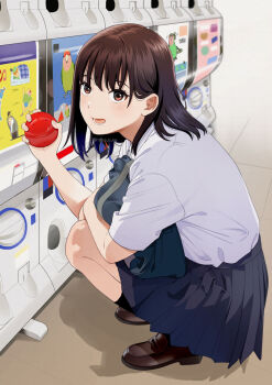 1girl :d bag bird black_socks blue_skirt brown_eyes brown_hair brown_shoes collared_shirt gashapon holding hugging_object indoors loafers mattaku_mousuke open_mouth original pleated_skirt school_bag school_uniform shirt shoes short_sleeves skirt smile socks solo squatting twitter_username white_shirt