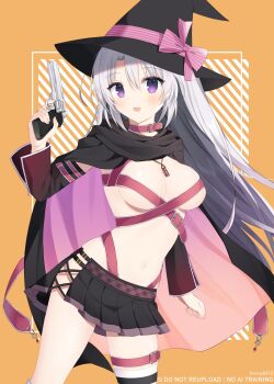 1girl :d aiyan arm_at_side ayachi_nene belt belt_bra black_cape black_hat black_skirt blush bow breasts cape clenched_hand commentary_request cowboy_shot detached_sleeves eyelashes eyes_visible_through_hair fingernails grey_hair gun hair_between_eyes hand_up handgun hat hat_bow highres holding holding_gun holding_weapon large_breasts long_hair long_sleeves looking_at_viewer miniskirt open_mouth orange_background pink_belt pink_bow pink_cape pleated_skirt purple_eyes sanoba_witch sidelocks simple_background single_thighhigh skirt smile solo straight_hair striped_clothes striped_thighhighs thighhighs twitter_username two-sided_cape two-sided_fabric very_long_hair weapon wide_sleeves witch witch_hat