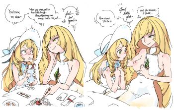 2girls archived_source blonde_hair breasts dinner drawfag dress embarrassed english_text lillie_(pokemon) long_hair looking_at_another lusamine_(pokemon) mother_and_child mother_and_daughter multiple_girls nintendo nipples parent_and_child pokemon pokemon_sun_and_moon simple_background yuri