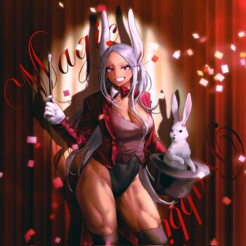166_172 1girl anger_vein animal_ears black_leotard black_thighhighs blush boku_no_hero_academia bow bowtie breasts cleavage collar commentary confetti contrapposto covered_abs covered_navel dark-skinned_female dark_skin detached_collar english_commentary english_text from_hat_trick gloves grin hat hat_basket highleg highleg_leotard highres holding holding_unworn_clothes holding_unworn_hat holding_wand jacket large_breasts leotard long_eyelashes long_hair looking_at_viewer magic_trick magician&#039;s_wand mirko parted_bangs rabbit rabbit_ears rabbit_girl red_bow red_bowtie red_eyes red_jacket smile solo tailcoat thick_thighs thighhighs thighs toned toned_female top_hat traditional_bowtie unworn_hat unworn_headwear very_long_hair vest wand white_collar white_gloves white_hair