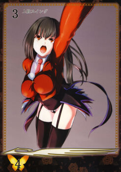 1girl belphegor_(umineko) boots brown_hair female_focus highres necktie nimu no_naku_koro_ni_(series) pink_necktie red_eyes ryukishi07 showgirl_skirt side_ponytail solo thighhighs thighs umineko_no_naku_koro_ni