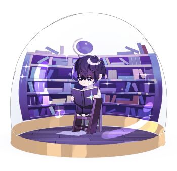 1boy bandage_on_face bandages black_eyes black_hair book bookshelf chibi chibi_only full_body globe highres in_snow_globe kim_dokja ladder ma_someru male_focus oldest_dream omniscient_reader&#039;s_viewpoint open_book short_hair sitting solo sparkle wooden_floor