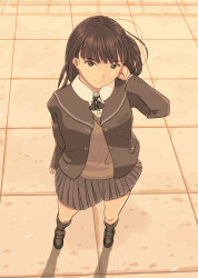 Rule 34 | 1girl, amagami, ayatsuji tsukasa, black bow, black bowtie, black eyes, black hair, black jacket, black sailor collar, black socks, blazer, bow, bowtie, brown sweater, closed mouth, from above, grey skirt, hand in own hair, hand up, jacket, kibito high school uniform, loafers, long hair, long sleeves, looking at viewer, offter, pleated skirt, sailor collar, school uniform, shoes, skirt, socks, solo, standing, straight hair, sweater