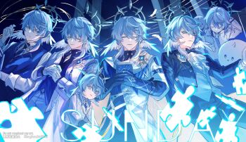 1boy aged_down ascot badge blue_hair bow closed_eyes commentary_request earrings formal_clothes gloves halo halo_behind_head head_wings highres honkai:_star_rail honkai_(series) hood hood_down jacket jewelry kukatsuma long_sleeves medium_hair necktie official_alternate_costume pants suit sunday_(brilliant_youth)_(honkai:_star_rail) sunday_(concert_for_two)_(honkai:_star_rail) sunday_(honkai:_star_rail) sunday_(sacerdos'_relived_ordeal)_(honkai:_star_rail) sunday_(star_rail_live_2025)_(honkai:_star_rail) sweater_vest watermark wings yellow_eyes