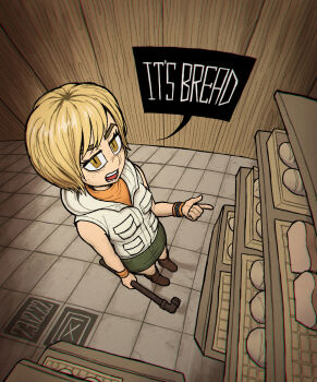 Rule 34 | 1girl, blonde hair, bread, brown eyes, commentary, criaxor, english commentary, english text, food, freckles, green skirt, heather mason, highres, holding, holding lead pipe, lead pipe, open mouth, silent hill (series), silent hill 3, skirt, solo, speech bubble, tile floor, tiles, wristband