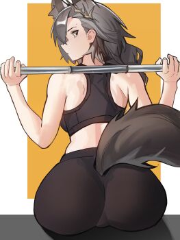 1girl absurdres animal_ear_fluff animal_ears arknights ass back barbell bare_arms bare_shoulders black_pants black_sports_bra braid brown_eyes brown_hair clothing_cutout commentary distr english_commentary exercising extra_ears from_behind hair_behind_ear highres long_hair looking_at_viewer looking_back mole mole_above_eye orange_background pants penance_(arknights) shoulder_blades sitting solo sports_bra sportswear tail tail_through_clothes tight_clothes tight_pants upper_body weightlifting wolf_ears wolf_girl wolf_tail yoga_pants