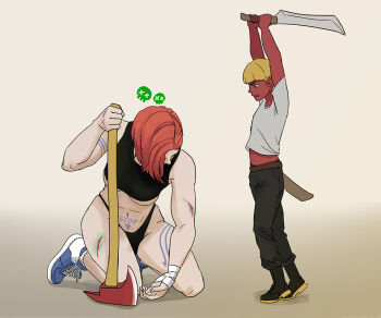 axe bleeding blood body_freckles breasts dagger dark-skinned_male dark_skin defeated_villainess freckles helpless imminent_death knife lipstick makeup pale_skin peril poison poisoned red_hair rellik ryona size_difference sword tattoo underboob weapon