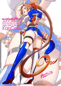 1girl akigumo_(destroyer) akigumo_(kancolle) akigumo_kai_ni_(kancolle) akigumo_kai_ni_(race_queen)_(kancolle) artist_glove bandeau blue_jacket blue_skirt blue_thighhighs boots brown_hair character_name checkered_clothes covered_erect_nipples cropped_jacket dated from_below full_body gloves green_eyes hand_on_own_hip hashtag-only_commentary jacket kantai_collection long_hair looking_at_viewer moke_ro multicolored_gloves official_alternate_costume open_mouth partially_fingerless_gloves ponytail race_queen shorts shorts_under_skirt skirt solo thigh_boots thighhighs twitter_username white_bandeau white_shorts zoom_layer