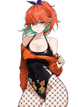 1girl bare_shoulders breasts commentary english_commentary fishnet_pantyhose fishnets gradient_hair green_hair highres hololive hololive_english jewelry long_hair looking_at_viewer multicolored_hair orange_hair pantyhose ponytail purple_eyes takanashi_kiara ttsyrene virtual_youtuber