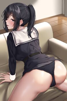 Rule 34 | 1girl, absurdres, all fours, arm support, ass, belt, black belt, black hair, black panties, black serafuku, black skirt, blue eyes, blush, clothes lift, commentary request, couch, eyelashes, highres, indoors, jack dempa, long hair, long sleeves, looking at viewer, looking back, miyamae shiho (jack dempa), mole, mole under eye, naughty face, on couch, open mouth, original, paid reward available, panties, ponytail, sailor collar, school uniform, serafuku, sidelocks, skirt, skirt lift, solo, sweat, sweatdrop, thighs, tongue, tongue out, underwear, white sailor collar, wooden floor