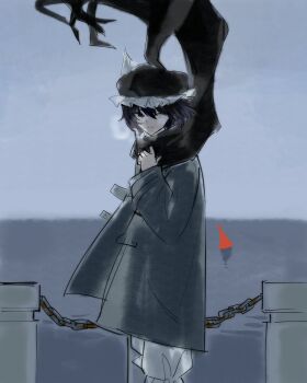 1other absurdres adjusting_scarf androgynous black_hat breath chinese_commentary closed_mouth cloud cloudy_sky coat commentary commentary_request cowboy_shot day dock english_commentary floating_neckwear frilled_headwear frilled_shorts frills grey_coat hair_between_eyes happy hat highres len&#039;en long_sleeves looking_at_viewer mixed-language_commentary mob_cap ocean one_eye_closed open_clothes open_coat other_focus outdoors purple_eyes purple_hair railing scarf shitodo_kuroji short_hair shorts sky smile solo standing triangular_headpiece white_shorts wind winter_clothes winter_coat yancao_(pixiv_103434280)