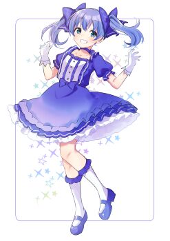 1girl :d blue_dress blue_eyes blue_hair blue_shoes commentary_request dress full_body gloves grin highres kanpachi_(ill_knpch) looking_at_viewer medium_hair nijisanji open_mouth puffy_short_sleeves puffy_sleeves shoes short_sleeves smile socks solo teeth twintails virtual_youtuber white_gloves white_socks yuuki_chihiro yuuki_chihiro_(8th_costume)