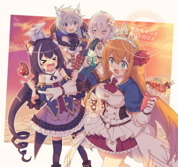 Rule 34 | > <, + +, 4girls, ahoge, animal ear fluff, animal ears, antenna hair, ascot, belt, black gloves, black hair, blue dress, blue hair, blue sleeves, blue wings, bow, braid, breasts, cat ears, cat girl, crepe, crystal horns, crystal wings, detached sleeves, dragon horns, dragon wings, dress, dress bow, elf, flower, food, gloves, grey hair, hair between eyes, hair flower, hair ornament, highres, holding, holding crepe, holding food, horns, karyl (princess connect!), kokkoro (princess connect!), large breasts, long hair, low twintails, multiple girls, o-ring, o-ring belt, open mouth, orange hair, pecorine (princess connect!), pointy ears, princess connect!, purple eyes, purple skirt, red ascot, red skirt, rii (metro electro), sheffy (princess connect!), side braid, skirt, tiara, twintails, watermark, white dress, white streaks, wings