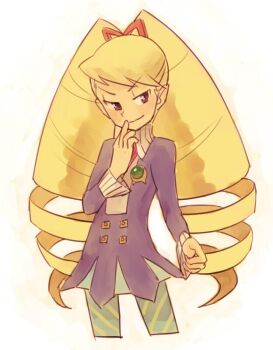 1girl blonde_hair blue_dress blue_pantyhose dress drill_hair long_hair luna_platz_(mega_man) mega_man_(series) mega_man_star_force_(series) pantyhose sakino_(sanodon) simple_background smile striped_clothes striped_pantyhose twin_drills very_long_hair white_background