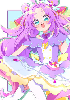 Rule 34 | 1girl, :d, absurdres, ahoge, akechi anna, back bow, blue eyes, blush, bow, brooch, buttons, capelet, commentary request, cure answer, dot nose, double-breasted, double bun, dress, feet out of frame, hair bun, hair intakes, hair ornament, heart, heart brooch, heart in eye, highres, jewelry, layered dress, long hair, looking at viewer, magical girl, medium dress, meitantei precure!, open mouth, pact holder, parted bangs, precure, purple bow, purple capelet, purple dress, purple hair, smile, solo, symbol in eye, thighhighs, toon (noin), white thighhighs, yellow bow