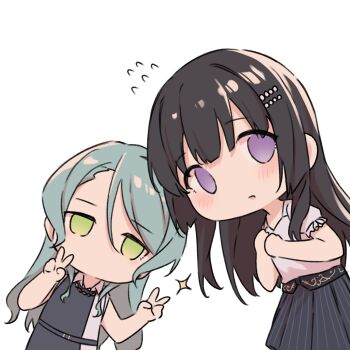2girls absurdres aqua_hair bang_dream! black-framed_eyewear black_hair black_skirt blush chibi chibi_only commentary_request double_v green_eyes hair_ornament hairclip highres hikawa_sayo kanade_(kanade_3344) long_hair multiple_girls open_mouth parallel_hairclips pinstripe_pattern pinstripe_skirt purple_eyes shirokane_rinko shirt short_sleeves sidelocks simple_background skirt sleeveless v white_background white_shirt