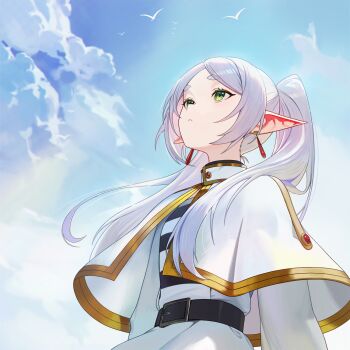 1girl belt bird capelet closed_mouth cloud earrings elf expressionless frieren gold_trim green_eyes high_collar highres jewelry long_hair long_pointy_ears long_sleeves looking_up melreon meme outdoors parted_bangs pointy_ears short_eyebrows sky solo sousou_no_frieren teardrop_earrings twintails upward_angle_frieren_drawing_(meme) white_capelet white_hair