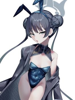 1girl adapted_costume animal_ears armpit_crease arms_at_sides black_hair blue_archive blue_hairband blue_leotard breasts buttons coat collarbone commentary_request covered_navel cowboy_shot dadada_(hukutsu_bot_) double_bun fake_animal_ears grey_coat grey_eyes grey_halo groin hair_bun hairband halo highleg highleg_leotard highres kisaki_(blue_archive) leotard long_hair long_sleeves looking_at_viewer open_clothes open_coat parted_lips playboy_bunny rabbit_ears simple_background single_bare_shoulder single_off_shoulder small_breasts solo standing strapless strapless_leotard thigh_gap twintails two-sided_coat two-sided_fabric very_long_hair white_background