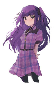 Rule 34 | 1girl, absurdres, alice gear aegis, arms behind back, black pantyhose, black ribbon, blush, closed mouth, collared dress, commentary, cropped legs, dress, hair ribbon, highres, ichijou ayaka, kyuuri (miyako), long hair, looking at viewer, pantyhose, plaid clothes, plaid dress, purple dress, purple eyes, purple hair, ribbon, short sleeves, simple background, solo, white background