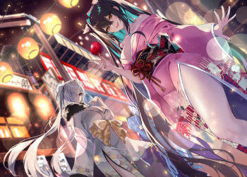 2girls absurdres black_hair blue_hair breasts candy_apple cinderella_(nikke) cleavage commentary_request food goddess_of_victory:_nikke hair_over_one_eye highres holding holding_candy_apple holding_food japanese_clothes kimono little_mermaid_(nikke) lkeris long_hair looking_at_viewer medium_breasts multiple_girls open_mouth pink_kimono red_eyes smile white_hair white_kimono yellow_eyes