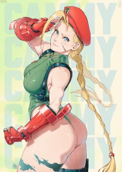 1girl artist_request ass bare_shoulders beret blonde_hair blue_eyes braid breasts cammy_white covered_erect_nipples curvy fingerless_gloves gloves hat highleg highleg_leotard huge_ass large_breasts leotard long_hair looking_at_viewer looking_back multicolored_hair salute shiny_skin sleeveless smile street_fighter thong_leotard two-tone_hair very_long_hair