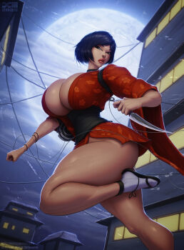 Rule 34 | 1girl, barretxiii, black hair, breasts, cleavage, collarbone, full moon, green eyes, holding, holding kunai, holding weapon, huge breasts, japanese clothes, kimono, kunai, kurenai (red ninja), looking at viewer, moon, red kimono, red ninja, revealing clothes, sandals, short hair, socks, solo, weapon, white socks