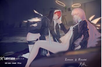 2girls absurdres arknights bottomless character_name chinese_commentary clothes_pull commentary_request dark_rhongomyniad_(fate) dated detached_wings energy_wings exusiai_(arknights) halo hand_on_another's_chin highres implied_fingering indoors inseki leaning_back lemuen_(arknights) lips long_hair long_sleeves looking_at_another looking_up multiple_girls navel nun nun_headdress pelvic_curtain pink_hair pussy red_hair shorts shorts_pull siblings sisters stomach user_hsyc5445 wings yuri