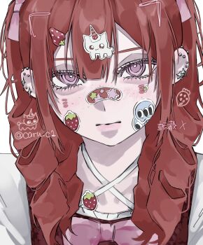 Rule 34 | 1girl, aegyo sal, bandaid, bandaid on face, bandaid on nose, bow, caru c1, closed mouth, commentary, drawn whiskers, ear piercing, english commentary, freckles, gyaru, hair between eyes, highres, long hair, looking at viewer, original, piercing, pink bow, pink eyes, portrait, red hair, simple background, solo, sticker, sticker on face, white background