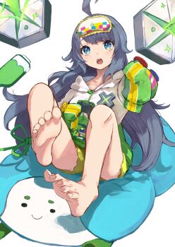 1girl :o ahoge barefoot blue_eyes commentary_request commission feet foot_focus foreshortening full_body grey_hair grey_jacket highres hood hood_down hooded_jacket huge_ahoge inohara_koboshi jacket legs_up long_hair looking_ahead mask mask_on_head messy_hair multicolored_jacket nyucha ongeki open_mouth reclining shorts sitting sleep_mask sleeves_past_fingers sleeves_past_wrists soles solo toenails toes very_long_hair white_jacket yellow_shorts