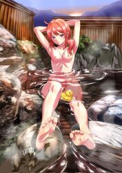 Rule 34 | 1girl, armpits, arms up, bare arms, bare legs, bare shoulders, barefoot, bathing, bird, character request, commentary request, copyright request, duck, feet, full body, highres, looking at viewer, navel, nipples, no bra, no panties, nude, onsen, ponytail, pubic hair, purple eyes, pussy, red hair, rock, rubber duck, side ponytail, soles, watanabe yoshihiro, wet