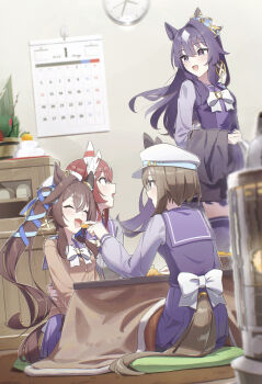 4girls absurdres animal_ears auklet5580 beret blue_eyes blue_hair blue_ribbon blush bow bowtie breasts brown_cardigan brown_hair calendar_(object) cardigan cheval_grand_(umamusume) clock closed_eyes commentary_request cushion ear_covers ear_ornament ears_through_headwear eating feather_hair_ornament feathers feeding food fruit green_eyes hair_between_eyes hair_ornament hat hat_belt highres horse_ears horse_girl horse_tail kagami_mochi kotatsu long_hair mandarin_orange mole mole_under_eye multicolored_hair multiple_girls open_mouth orange_peel peaked_cap pleated_skirt purple_eyes purple_sailor_collar purple_serafuku purple_shirt purple_skirt red_hair ribbon sailor_collar sailor_shirt school_uniform serafuku shirt siblings single_ear_cover sisters skirt smile streaked_hair table tail tracen_school_uniform twintails umamusume under_kotatsu under_table v_sisters verxina_(umamusume) vivlos_(umamusume) white_bow white_bowtie white_hair white_hat win_variation_(umamusume) zabuton