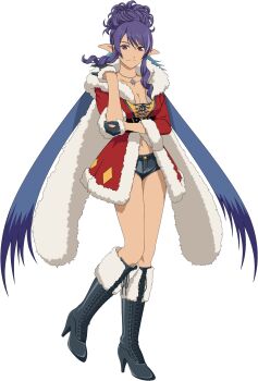 Rule 34 | 1girl, artist request, black boots, black gloves, black shorts, blue hair, boots, breasts, cape, christmas, cleavage, full body, game cg, gloves, hand on own elbow, hand on own shoulder, highres, jewelry, judith (tales), large breasts, long hair, looking at viewer, multicolored hair, navel, necklace, official alternate costume, official art, pointy ears, purple eyes, purple hair, santa costume, shorts, smile, solo, tales of (series), tales of asteria, tales of vesperia, third-party source, transparent background, twintails, very long hair, white cape