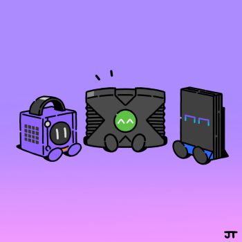 ^_^ animate_object chibi chibi_only closed_eyes commentary english_commentary facing_viewer game_console gamecube gradient_background highres james_turner microsoft nintendo no_humans notice_lines playstation_2 purple_background signature simple_background sitting sony xbox_(original)