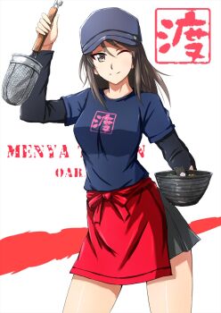 1girl alternate_costume alternate_headwear apron baseball_cap black_shirt blue_hat blue_shirt bowl brown_eyes brown_hair closed_mouth commentary girls_und_panzer grey_skirt hat highres holding holding_bowl ladle layered_sleeves long_hair long_sleeves looking_at_viewer mika_(girls_und_panzer) miniskirt omachi_(slabco) one_eye_closed pleated_skirt print_shirt red_apron shirt short_over_long_sleeves short_sleeves skirt smile solo standing text_background waist_apron white_background