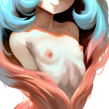 1girl baddelz blue_hair breasts closed_mouth commentary english_commentary eyes_out_of_frame flat_chest furry furry_female gen_8_pokemon hatterene head_out_of_frame highres long_hair multicolored_hair nintendo nipples pokemon pokemon_(creature) small_breasts smile solo upper_body