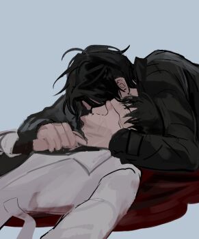 Rule 34 | 2boys, black coat, black hair, blood, closed eyes, coat, hand on another's face, highres, holding hands, keomikan, kim dokja, male focus, multiple boys, omniscient reader's viewpoint, on ground, open clothes, open coat, pool of blood, popped collar, short hair, upper body, white coat, yoo joonghyuk