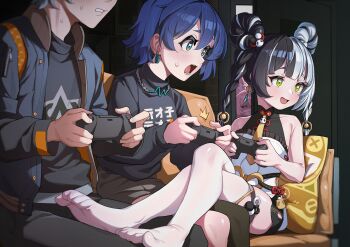 1boy 3girls :d absurdres animal_ears armpit_crease bare_shoulders barefoot belle_(zenless_zone_zero) black_hair blue_hair braid brother_and_sister closed_eyes commentary_request controller couch dialyn_(zenless_zone_zero) game_controller green_eyes grey_hair highres holding holding_controller holding_game_controller kasgero long_hair looking_ahead multiple_girls on_couch open_mouth partially_shaded_face playing_games rabbit_ears rabbit_girl siblings sitting smile thighhighs wise_(zenless_zone_zero) zenless_zone_zero zhao_(zenless_zone_zero)