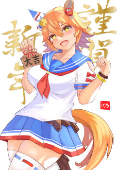1girl absurdres animal_ears blue_skirt blush breasts clover_hair_ornament commentary_request cowboy_shot daruma_doll_hair_ornament ear_covers ema flipped_hair hair_ornament highres horse_ears horse_girl horse_tail iko_(saikoro_k0702) jewelry looking_at_viewer matikanefukukitaru_(rising_fortune)_(umamusume) matikanefukukitaru_(umamusume) medium_breasts neckerchief open_mouth orange_eyes orange_hair pleated_skirt red_neckerchief school_uniform serafuku shirt short_hair shorts single_ear_cover skirt smile solo star-shaped_pupils star_(symbol) symbol-shaped_pupils tail thighhighs umamusume white_shirt white_thighhighs