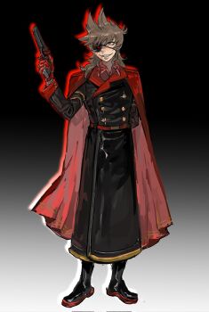 Rule 34 | 1boy, alternate costume, alternate hair length, alternate hairstyle, animification, antenna hair, arm behind back, belt, black boots, black coat, boots, brown hair, burn scar, buttons, cape, chinese commentary, coat, commentary request, corrupted twitter file, cyborg, double-breasted, drop shadow, eddsworld, eyepatch, full body, gradient background, grey eyes, grin, gun, hair ears, highres, holding, holding gun, holding weapon, kuangzihaixing, long coat, long hair, long sleeves, male focus, mechanical arms, military coat, military uniform, prosthesis, prosthetic arm, red army logo (eddsworld), red belt, red cape, red leader (eddsworld), scar, simple background, single mechanical arm, smile, solo, standing, swept bangs, tord (eddsworld), weapon