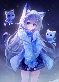 1girl :o absurdres animal_ear_fluff animal_ears blush chinese_commentary chinese_text coat commentary_request commission fur-trimmed_coat fur_trim ghost hair_ornament highres long_hair looking_at_viewer mibai_yume original scarf skirt sleeves_past_wrists tail very_long_hair watermark watermark_grid weibo_username