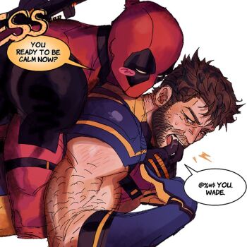 2boys arm_hair bara beard biceps black_gloves blue_gloves blush blush_stickers bodysuit brown_hair commentary_request deadpool deadpool_&amp;_wolverine deadpool_(series) english_text facial_hair finger_in_another's_mouth gloves korean_commentary male_focus marvel mature_male multicolored_bodysuit multiple_boys muscular muscular_male open_mouth pectorals ppoooooolvrmm red_bodysuit red_mask saliva short_hair speech_bubble superhero_costume sweatdrop sword sword_on_back teeth two-tone_bodysuit weapon weapon_on_back wolverine_(x-men) x-men yaoi yellow_bodysuit