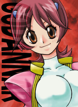 1girl aoi_anna brown_eyes commentary_request copyright_name flipped_bangs flipped_hair hair_ornament impossible_clothes impossible_leotard jellyfish_cut leotard looking_at_viewer lowres mecha_pilot_suit multicolored_leotard padded_shoulders pink_leotard pocospino portrait red_background red_hair shinkon_gattai_godannar!! smile solo two-tone_leotard