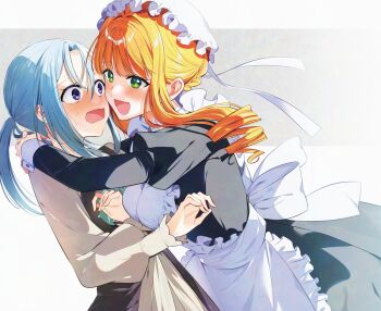 2girls :d apron black_dress blue_hair blush breasts brown_shoes commentary_request curtained_hair dress drill_hair drill_sidelocks green_eyes hair_bun hair_intakes hat hug long_hair long_sidelocks long_sleeves maid_apron mob_cap multiple_girls nauchi nose_blush open_mouth orange_eyes original ponytail purple_eyes shoes sidelocks single_hair_bun smile sweat white_apron yuri